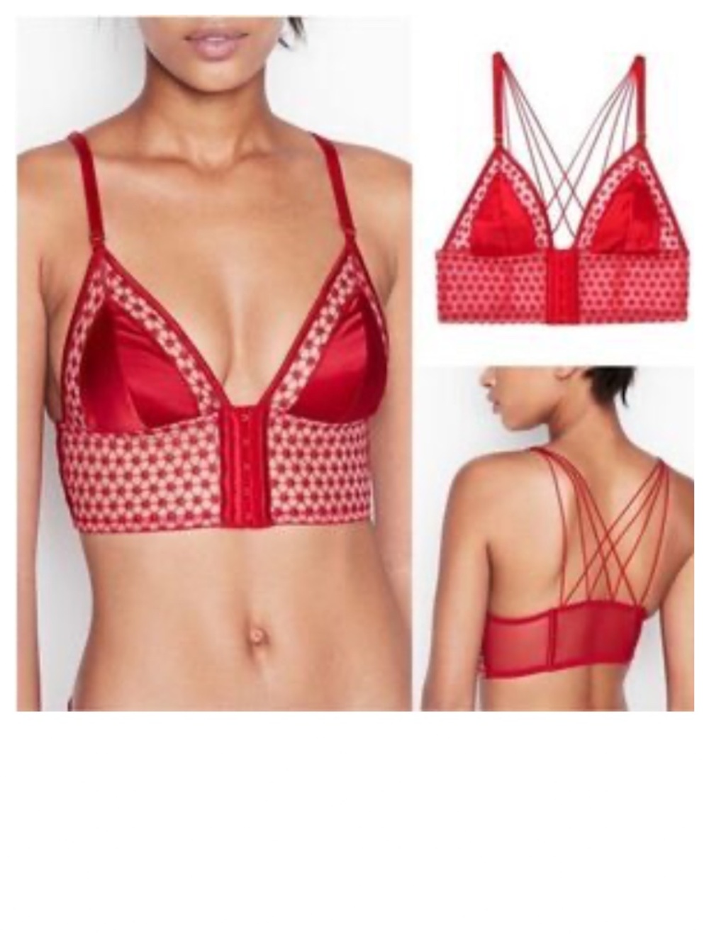Victoria's Secret Bralette Bra Sz Large 12 14 Red Lacy Strappy Luxe Starburst